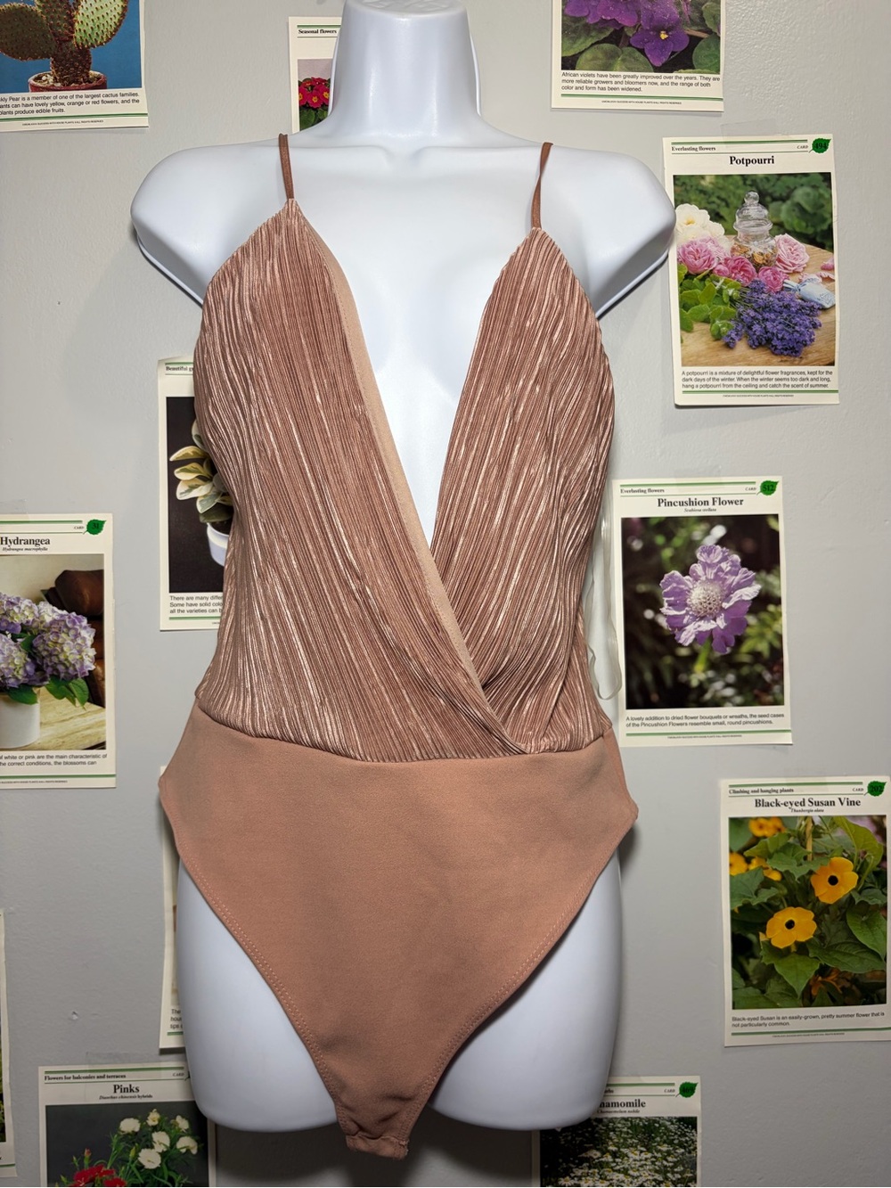 AKIRA Pleated Surplice Bandeau Bodysuit in Rose Taupe